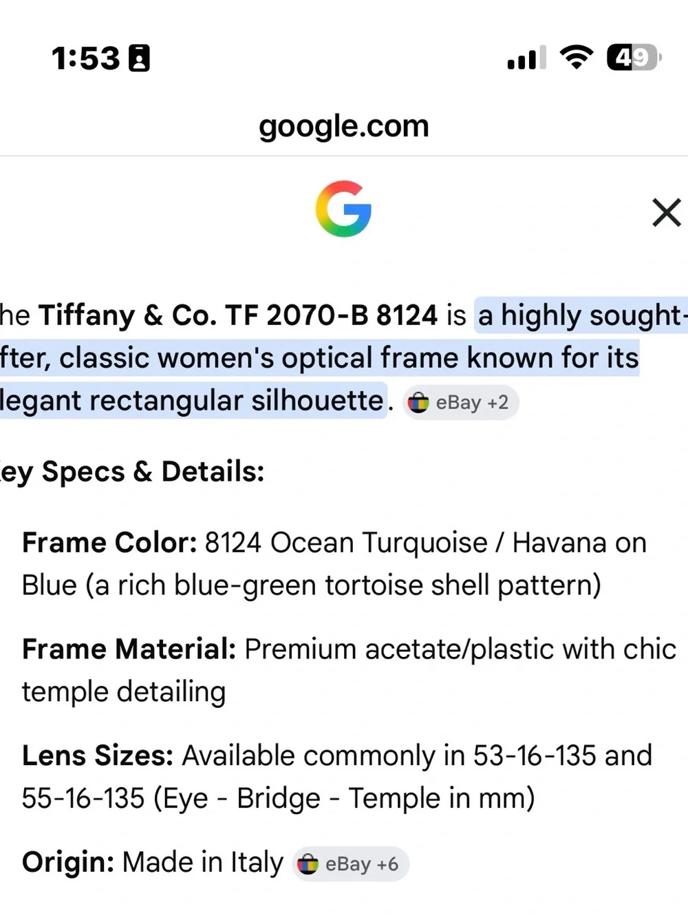 Auth Tiffany & Co Blue-light/non-RX eyeglasses TF 2070-b 8124 blue & rhinestones